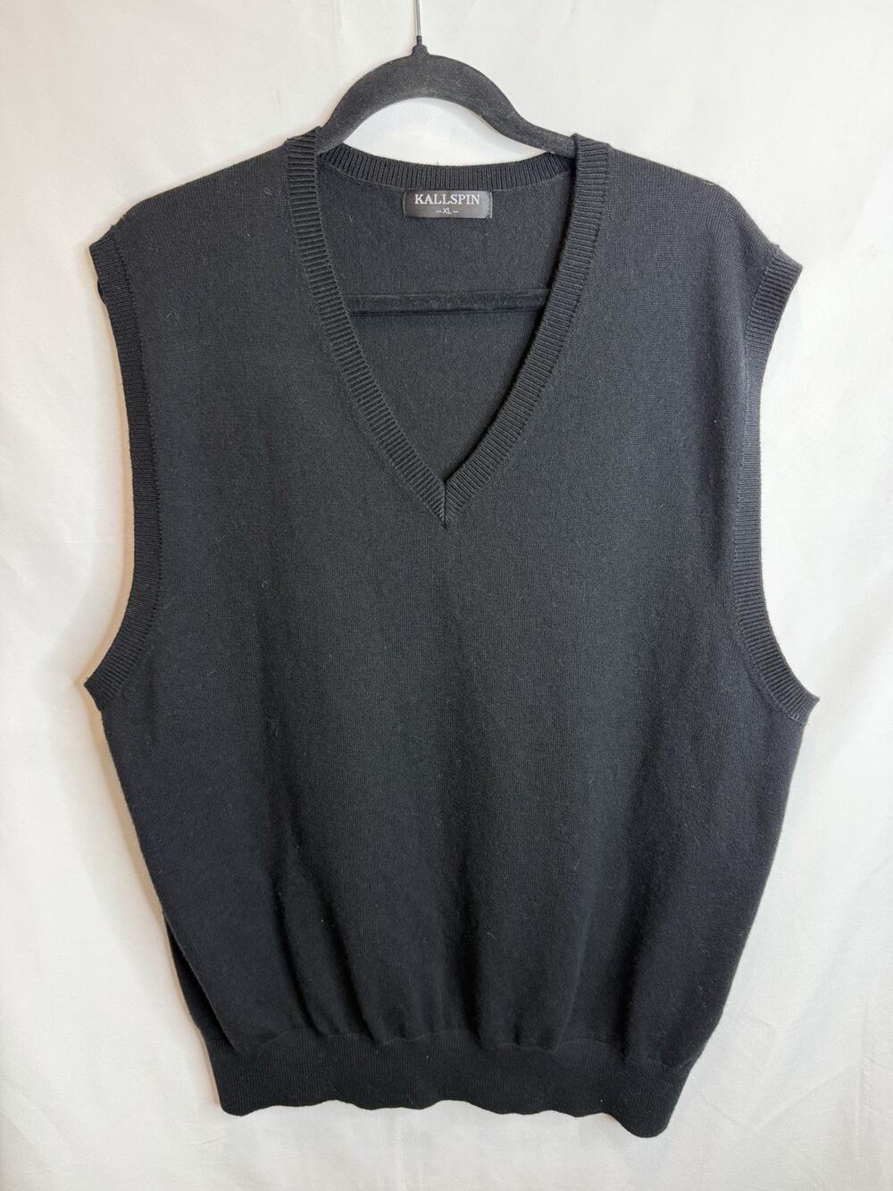 Kallspin Sweater Vest Men XL Black Wool Blend V-Neck Pullover Lightweight Preppy